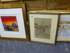 A SMALL WATERCOLOUR CONTINENTAL STREET SCENE AND VARIOUS PRINTS.