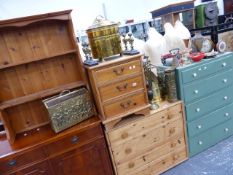 TWO PINE CHESTS OF DRAWERS, A PAINTED CHEST AND A SMALL PINE PLATE RACK.