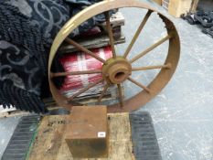 A CAST IRON FIRE BACK, AN ANTIQUE PULLEY WHEEL, AMMO BOX, DOLLS HOUSE ETC.