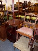 AN EDWARDIAN INLAID REVOLVING BOOKCASE, A PLANTSTAND AND TWO SIDE CHAIRS.