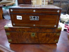 A VICTORIAN WRITING BOX AND A JEWELLERY BOX.