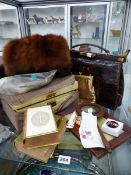 A GILDED AND IVORY BIBLE, A FUR MUFF, VINTAGE BAGS, A SAMPLER, COINS, A TRAVEL VANITY CASE WITH