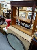 A SMALL PINE TABLE, A DROP LEAF TABLE, PAINTED CHAIR, A LARGE MIRROR AND A RETRO STOOL.