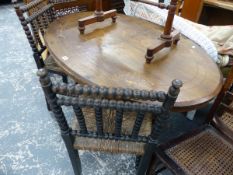 A VICTORIAN INLAID BREAKFAST TABLE TOGETHER WITH TWO BOBBIN TURNED SIDE CHAIRS.