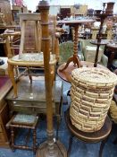 A BENTWOOD ARMCHAIR, TWO STOOLS, A STANDARD LAMP, TWO DRAWER SIDE TABLE,ETC.