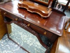 A VICTORIAN TWO DRAWER SIDE TABLE AND A WALL MIRROR.