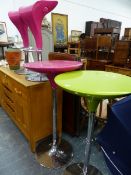 TWO RETRO BAR TABLES AND TWO STOOLS.