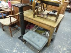 AN EBONISED PEDESTAL AND A FOOTSTOOL.