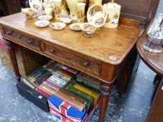 A VICTORIAN MAHOGANY TWO DRAWER SIDE TABLE.