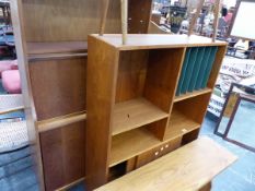 TWO RETRO TEAK CABINETS, A LOW GLAZED CABINET, A PLANTSTAND AND A PINE STOOL.