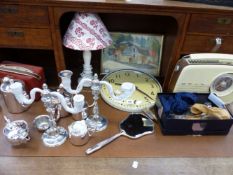 A WATERCOLOUR, VARIOUS PLATEDWARES, RADIOS,ETC.