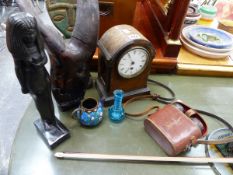 A MANTLE CLOCK, THREE FIGURES, BINOCULARS,ETC.