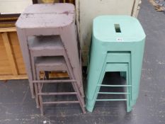 TWO SETS OF THREE STACKING STOOLS.