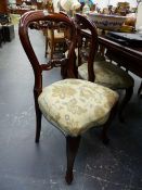 A SET OF SIX VICTORIAN STYLE MAHOGANY DINING CHAIRS.