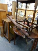 A SMALL 19th.C.DROP LEAF TABLE, A MAHOGANY STANDARD LAMP, A GLAZED CABINET AND AN OCCASIONAL TABLE.