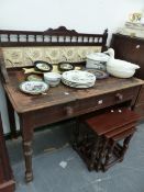 A VICTORIAN TILE BACK WASHSTAND AND A NEST OF TABLES.