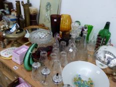 A MIRRORED WITCH BALL, VARIOUS DECANTERS, BRASS SHELL CASES,ETC.