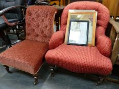 A VICTORIAN BUTTON BACK ARMCHAIR AND A BUTTON BACK NURSING CHAIR.