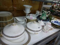A PAIR OF PORCELAIN URNS, ROYAL CROWN DERBY TEA WARES, A WEDGWOOD DINNER SERVICE AND OTHER