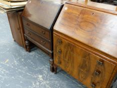 A WALNUT BUREAU, AN OAK BUREAU AND A SEWING MACHINE.