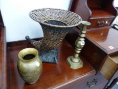 A PAIR OF BRASS CANDLESTICKS,ETC.