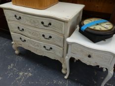 A FRENCH STYLE THREE DRAWER CHEST AND A BEDSIDE TABLE TOGETHER WITH A LINEN BOX.