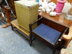 A PIANO STOOL, A LINEN BOX AND A FOOTSTOOL.