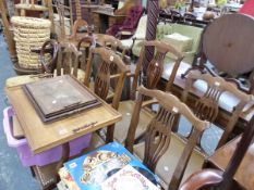 A SET OF SIX MAHOGANY DINING CHAIRS AND TWO BALLOON BACK CHAIRS.