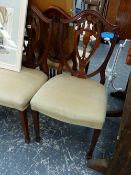 A SET OF EIGHT GEORGIAN STYLE MAHOGANY DINING CHAIRS AND A SIMILAR TWIN PEDESTAL TABLE.