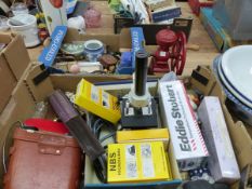 A CAST IRON COFFEE GRINDER, TWO BOXES OF COLLECTABLES,ETC.