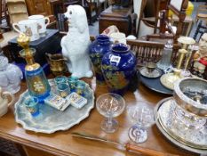 A CLARET JUG, STAFFORDSHIRE DOG, CHINA AND GLASSWARE,ETC.