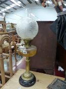 A VICTORIAN OIL LAMP, TWO WARMING PANS AND A COACHING HORN.