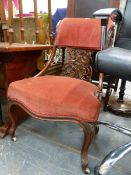 A VICTORIAN SHOW FRAME NURSING CHAIR AND VARIOUS OCCASIONAL FURNITURE.