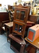 THREE CORNER CABINETS, A DROP LEAF TABLE AND AN EDWARDIAN ARMCHAIR.