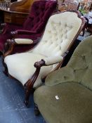 A VICTORIAN SHOW FRAME BUTTON BACK ARMCHAIR.