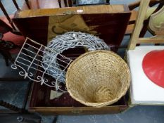 A LARGE TIN TRUNK, A RETRO COAT RACK,ETC.