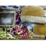 A QUANTITY OF COSTUME JEWELLERY, DRESSING TABLE PART SET, CIGARETTE CASE ETC.