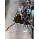 A WHEELBARROW TOGETHER WITH VARIOUS GARDEN IMPLEMENTS ETC.