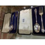 TWO SILVER HALLMARKED CHRISTENING FORK AND SPOON CUTLERY SETS.