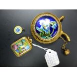 A 800 STAMPED SILVER GILT MUSICAL PENDANT WITH ENAMELLED SCENE TOGETHER WITH A LIMOGES SCENT