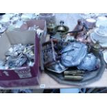 A LARGE QTY OF CUTLERY, PLATED AND METALWARE AND THREE BOXES OF CHINA AND GLASSWARE.