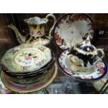 A QUANTITY OF CABINET PLATES, VICTORIAN COFFEE POT AND COVERED SUGAR.