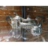 A SILVER HALLMARKED TEAPOT, A PLATED WARE TEAPOT AND A SILVER HALLMARK MUSTARD POT AND COVER WITH