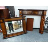 A CARVED WOOD FIRE SURROUND AND SIMILAR OVERMANTLE MIRROR.