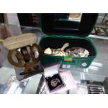 A COLLECTION OF COSTUME JEWELLERY AND A PAIR OF TIN PLATE POSTAL SCALES.