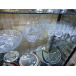 TWO CUT GLASS BOWLS AND VARIOUS DRINKING GLASSES.