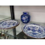 FOUR 19th.C.CHINESE PLATES AND A GINGER JAR.