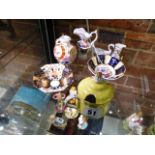 TWO MINIATURE JUGS AND BOWLS A DERBY VASE AND A DRESDEN MUSTARD POT AND COVER.