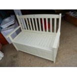 A PAINTED GARDEN BENCH WITH BOX SEAT.