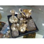 A COLLECTION OF SILVER HALLMARKED AND PLATED WARE TO INCLUDE A PAIR OF SILVER CANDLESTICKS (FILLED),